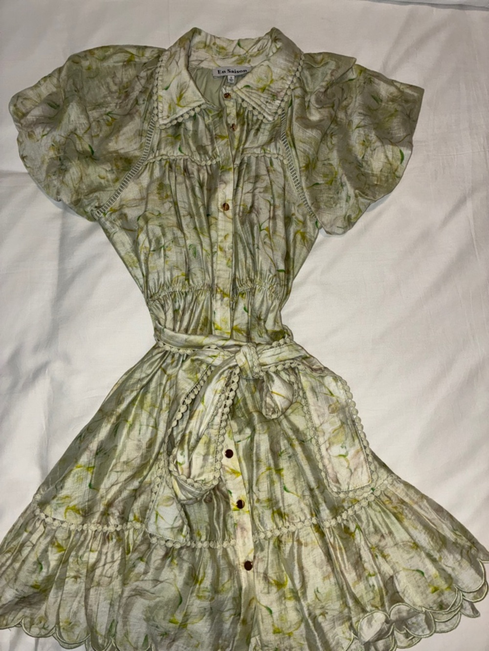 En Saison Lightweight Floral Tie-Waist Shirt Dress in Soft Sage